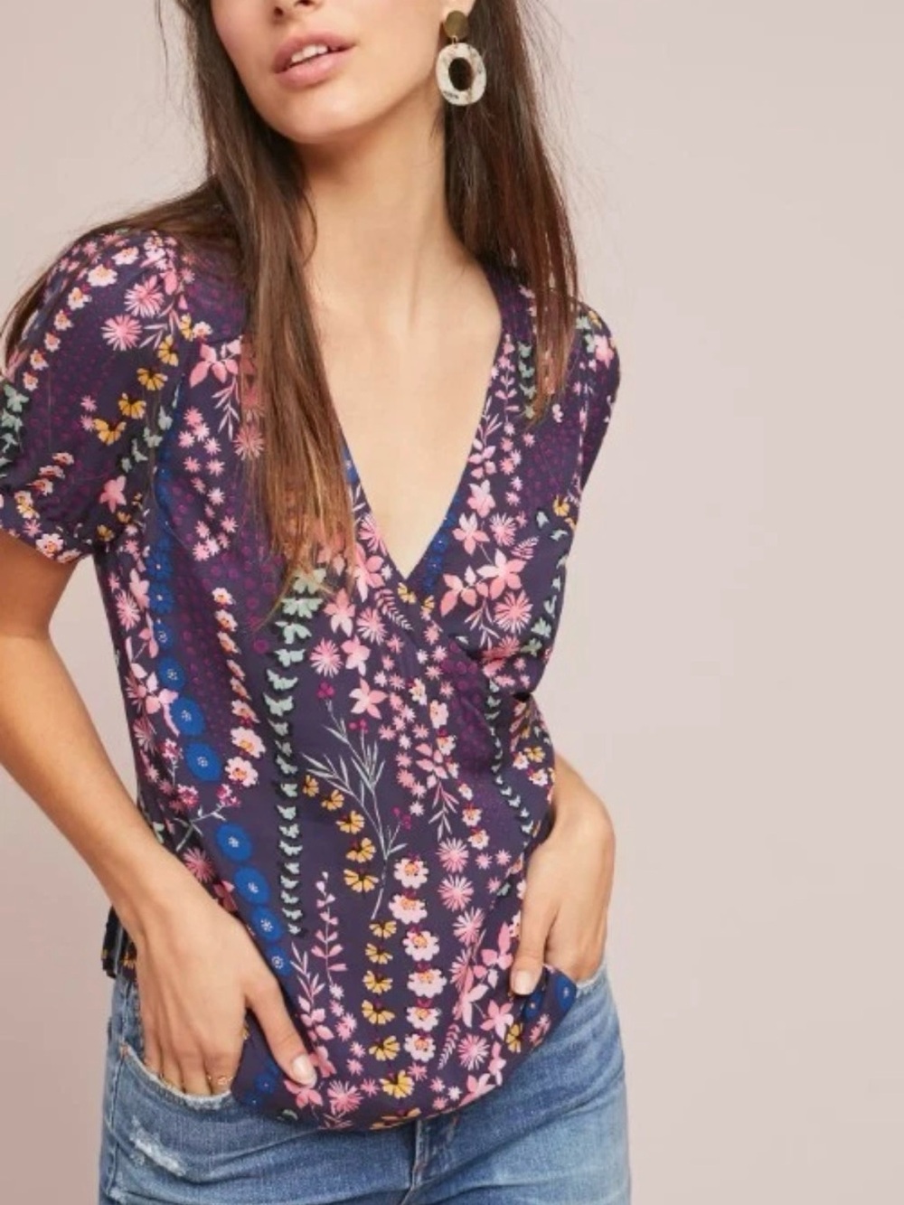 Meadow Rue Anthropologie Wrap Top Eldoret Floral Navy Blue Vneck Size 4